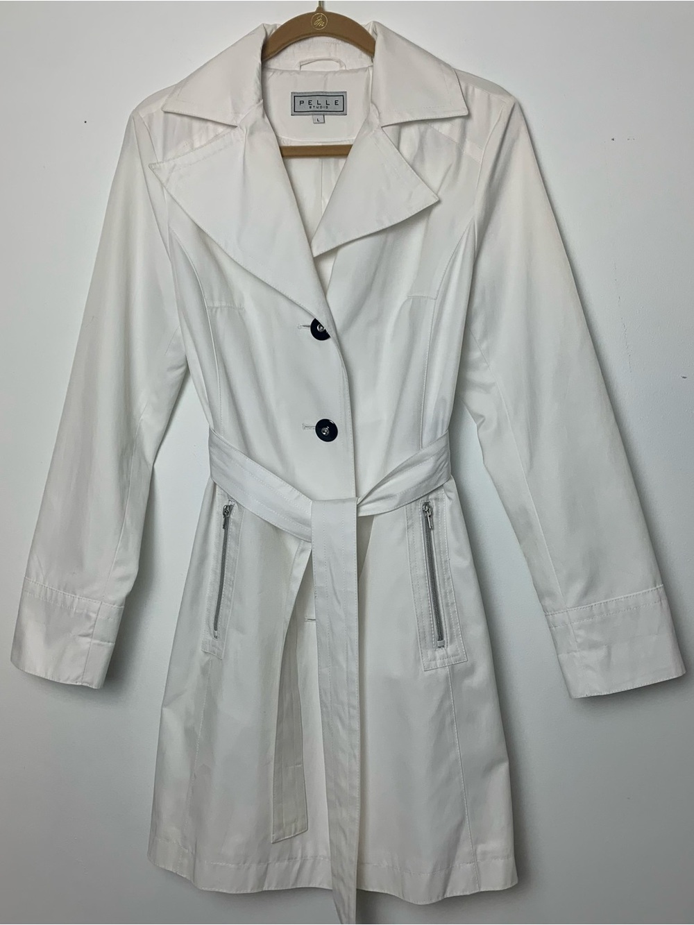 Pelle Studio White Belted Trench Coat with Zip Pockets Woman’s sz L